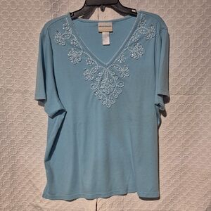 Alfred Dunner Women's 2X Light Blue Embroidered Cottagecore Floral Tee